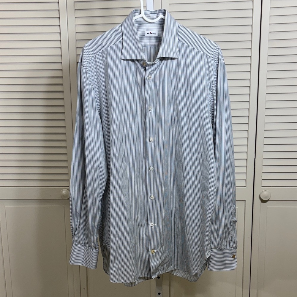 Kiton Blue & Green Striped Men's Dress Cotton Shirt Size XXL (Sz. 43)